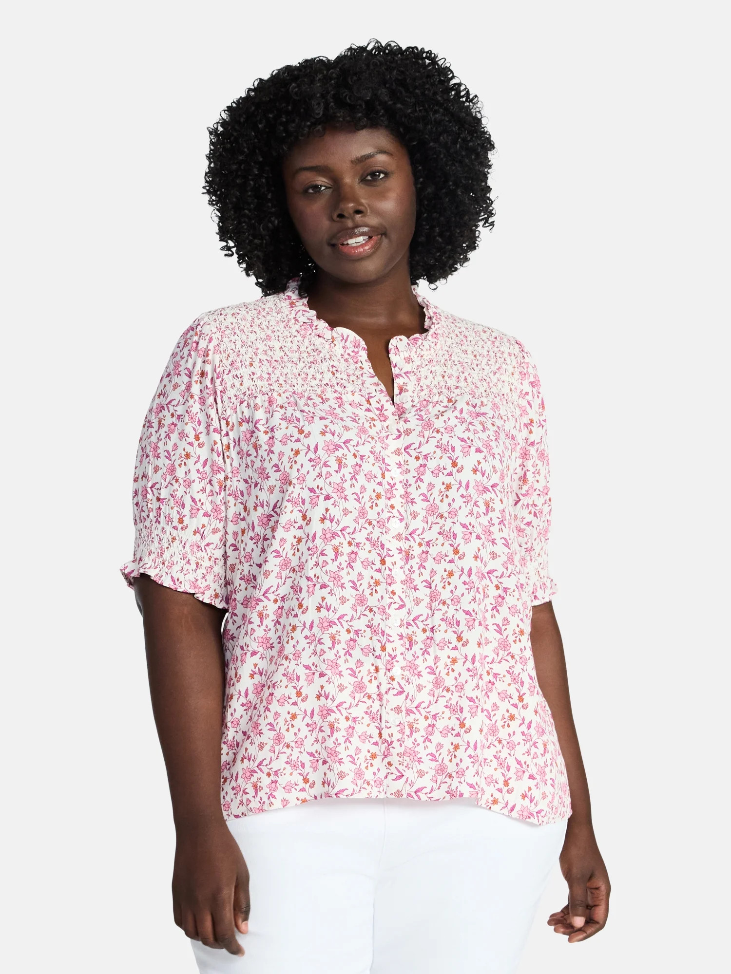 Terra & Sky Women's Plus Size Smock Yoke Top with Elbow Sleeves, Sizes 0X-5X - Walmart.com | Walmart (US)