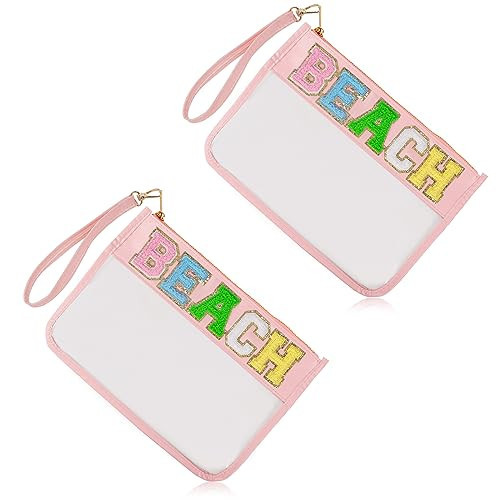 2 Packs Chenille Letter Clear Bag, Waterproof PU&PVC Transparent Chenille Letter Patch Zipper Clear Pouch with Wrist Strap, Travel Essentials Beach Bags for Women (Pink, Beach) | Amazon (US)