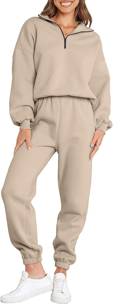 ANRABESS Women 2 Piece Outfits Sweatsuit Oversized Half Zip Sweatshirt Jogger Sweatpants Tracksui... | Amazon (US)