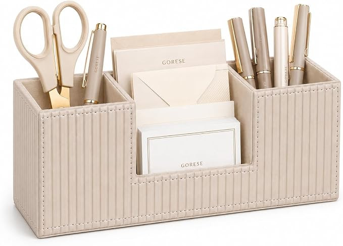 GORESE Pen Holder for Desk, Leather Small Desk Organizer for Office, Beige | 4-Compartment, Vegan... | Amazon (US)