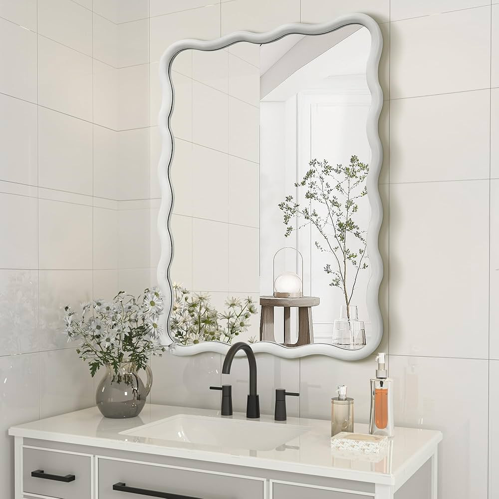 Solid Wood Wavy Mirror-White Vanity Mirror Wall Decor 24" x 36"Modern Mirror Wall Decor for Bathroom, Bedroom, Living Room, Dining Room, Cloakroom, Entryway | Amazon (US)