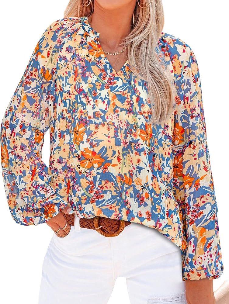 BTFBM Boho Blouses for Women Dressy Casual Floral Long Sleeve Shirts V Neck Lightweight Chiffon S... | Amazon (US)
