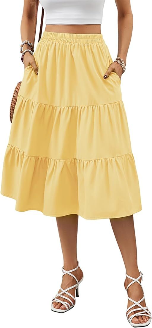 Lyrur Women's Floral Midi Skirt with Pockets High Elastic Waist Flowy Ruffle Casual Summer Boho A... | Amazon (US)