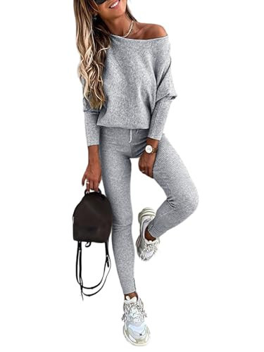 CHICME 2 Piece Lounge Outfit Long Sleeve Knit Pullover Tops Drawstring Pants Set Tracksuit Sweatsuit-ga-S | Amazon (US)