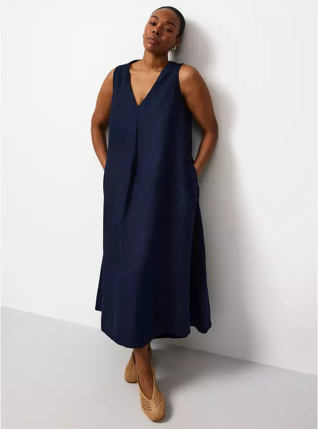 Buy Navy Pure Linen V Neck Midi Shift Dress 6 | Midi | Tu | Tu Clothing