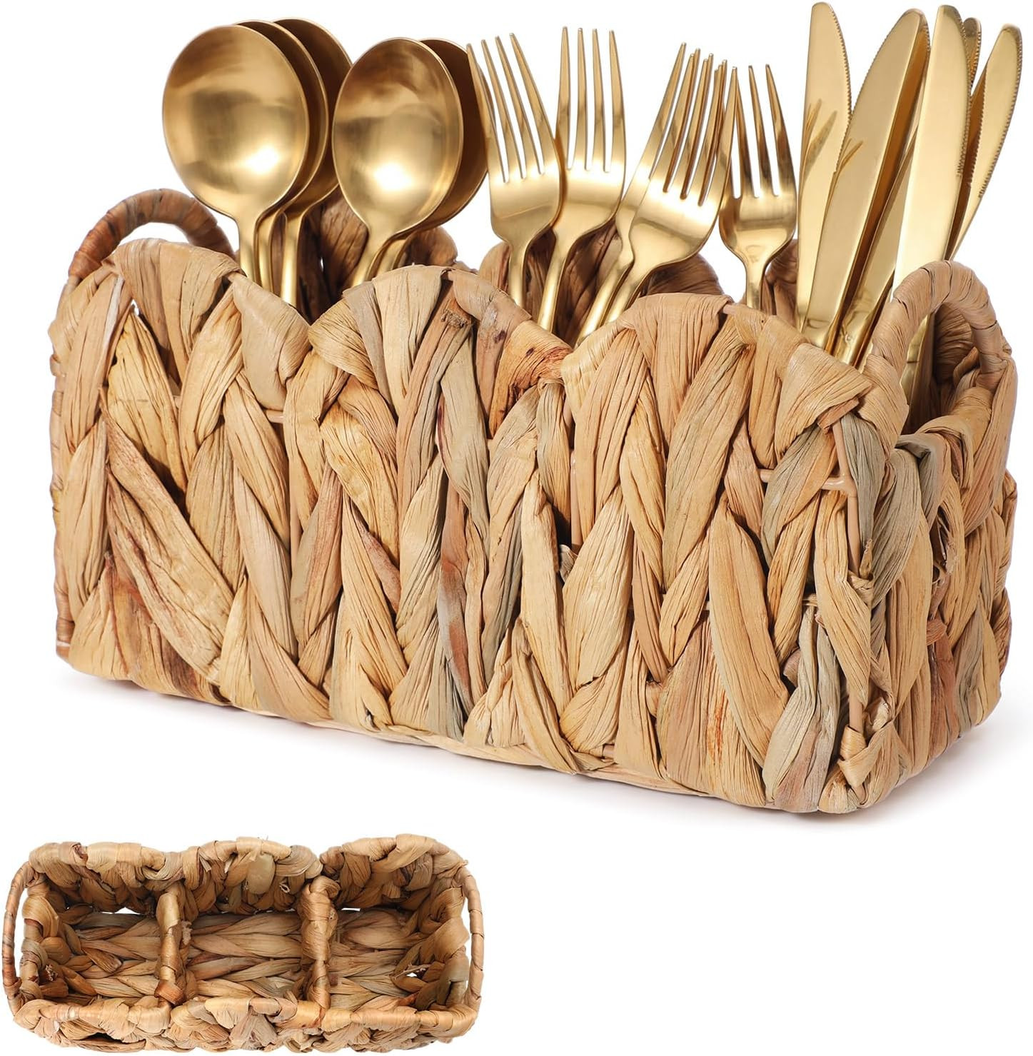 Ferrochef Scalloped Small Water Hyacinth Basket Caddy Party Cutlery Utensil Holder Hand Woven Rattan Basket Divided Cutlery Holder with Handles Kitchen Countertop Picnic Flatware Organizer for Shelves | Amazon (US)