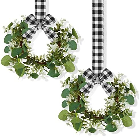WILLBOND 2 Pieces Faux Kitchen Cabinet Wreaths 10 Inch Artificial Eucalyptus Wreaths with Ribbon Min | Amazon (US)