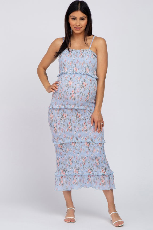 Light Blue Floral Smocked Fitted Maternity Midi Dress | PinkBlush Maternity