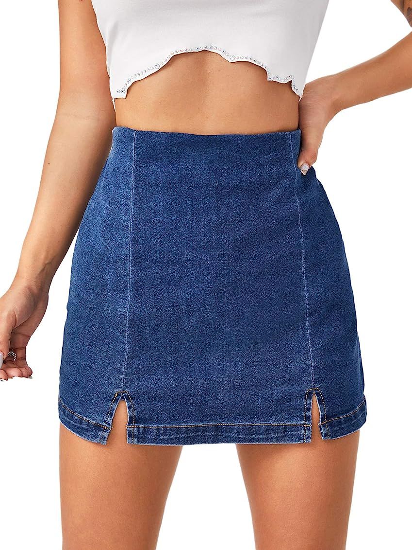 Floerns Women's Casual Split Hem High Waist Denim Skirt Shorts | Amazon (US)