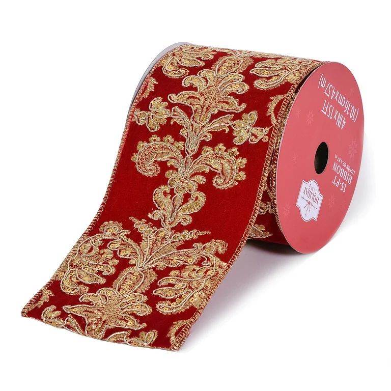 4inch Christmas Red Velvet Embroidery/Sequin Brocade Ribbon,15ft, Holiday Time, Made in India | Walmart (US)