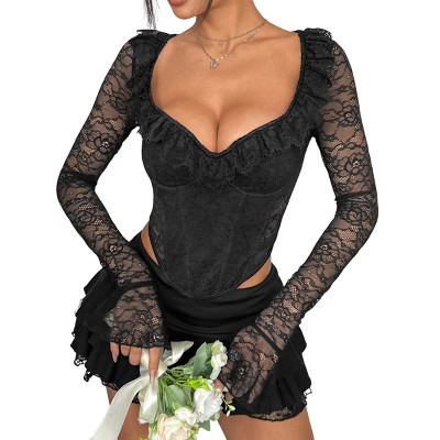 Women Mesh Top Lace Crop Top Long Sleeve Sheer Blouse Mesh Shirts Sexy Going Out Tops Summer Outfits Black S | Target