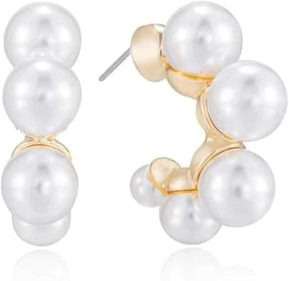 Gold Hoop Earrings. Pearl Earrings. 18k Gold Plated Hoops, White Pearl. Earrings For Women, Jewel... | Amazon (US)