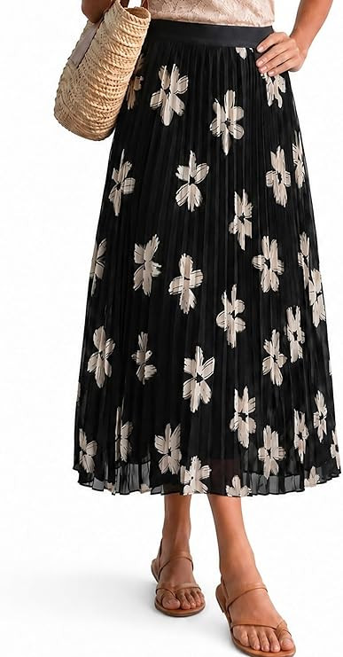 Arach&Cloz Women's Chiffon Wide Elastic Band A-Line Pleated Floral Pleated Skirts | Amazon (US)