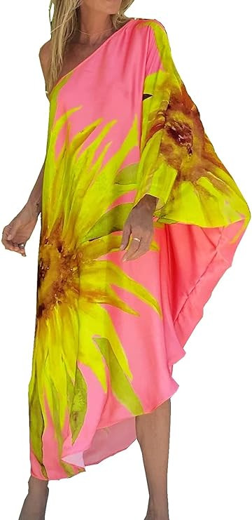AGFEE Womens Beach Coverup Dress Floral Print One Shoulder Kaftan Swimwear Maxi Dresses | Amazon (US)