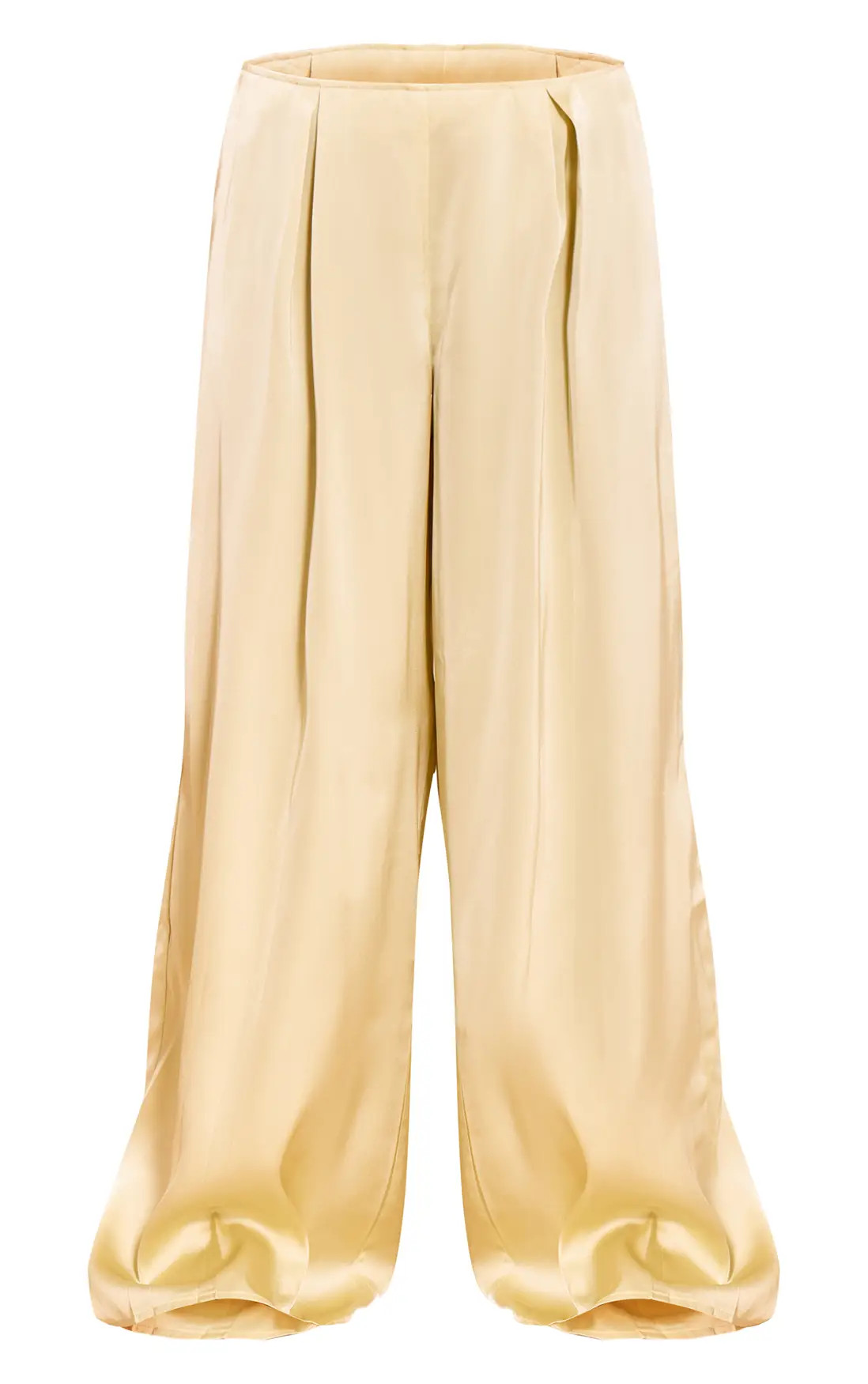 Lemon Pleated Satin Wide Leg Trousers | PrettyLittleThing USA | PrettyLittleThing US