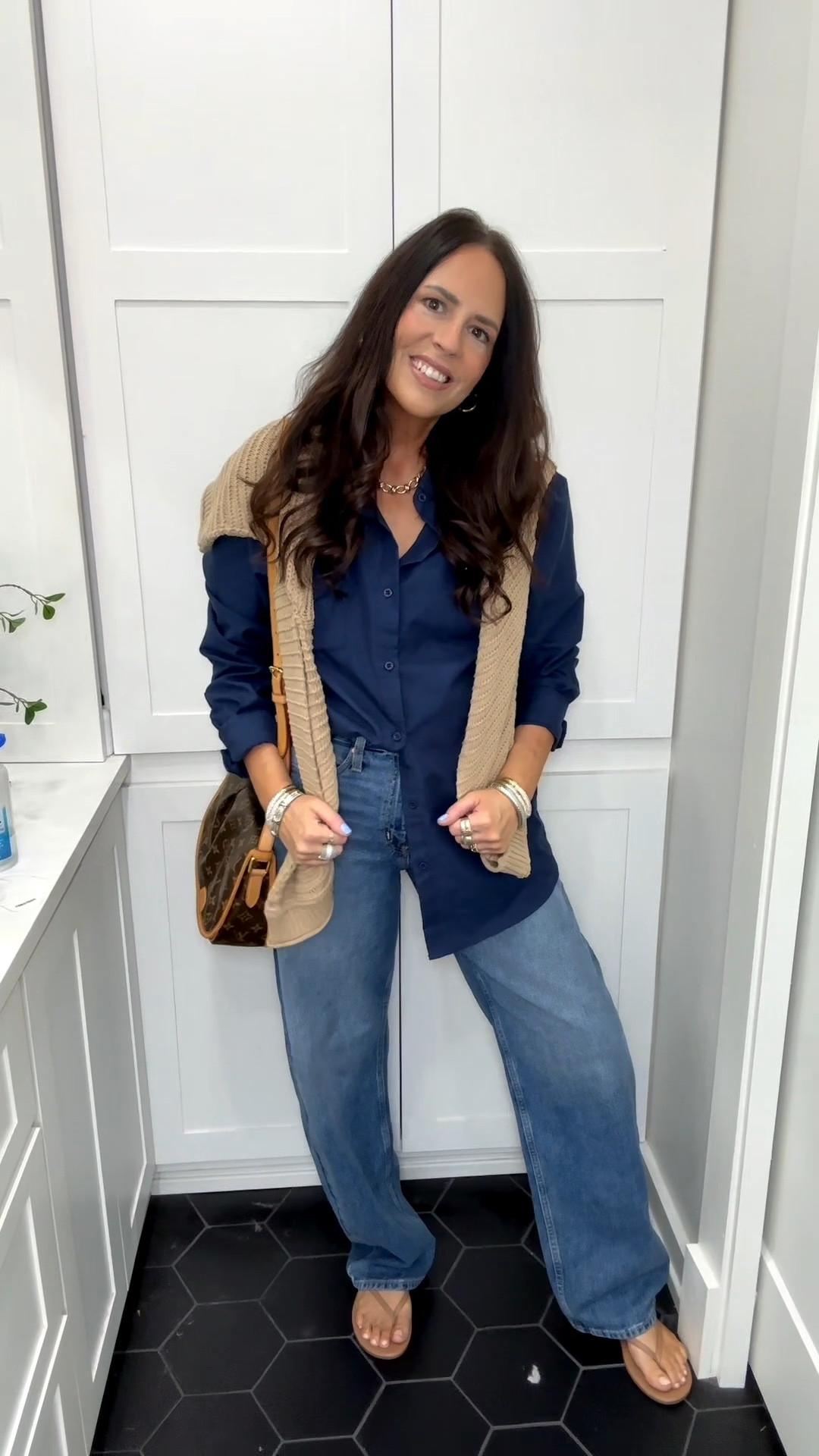 I’m wearing the large
In the button down, large in the taupe sweater and 6 tall in the jeans. I’m 140 pounds 5’7 with a 33” inseam and 34B size bra  

#LTKOver40 #LTKTall #LTKootd