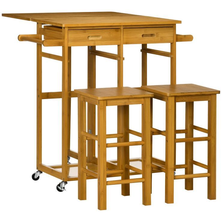 HOMCOM 3-Piece Drop-Leaf Breakfast Bar Table/Chair Set & Kitchen Island with Seating, Rolling Kit... | Target