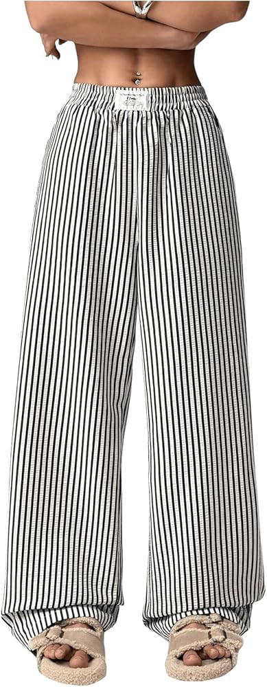 Women's Striped Wide Leg Pants Elastic Waist Letter Patched Long Trousers with Pockets | Amazon (US)
