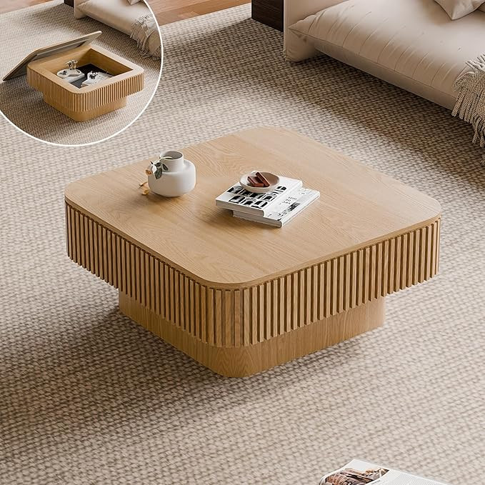 Square Small Coffee Table with Storage, Modern Wooden Coffee Table with Solid Wood Veneered, Flut... | Amazon (US)