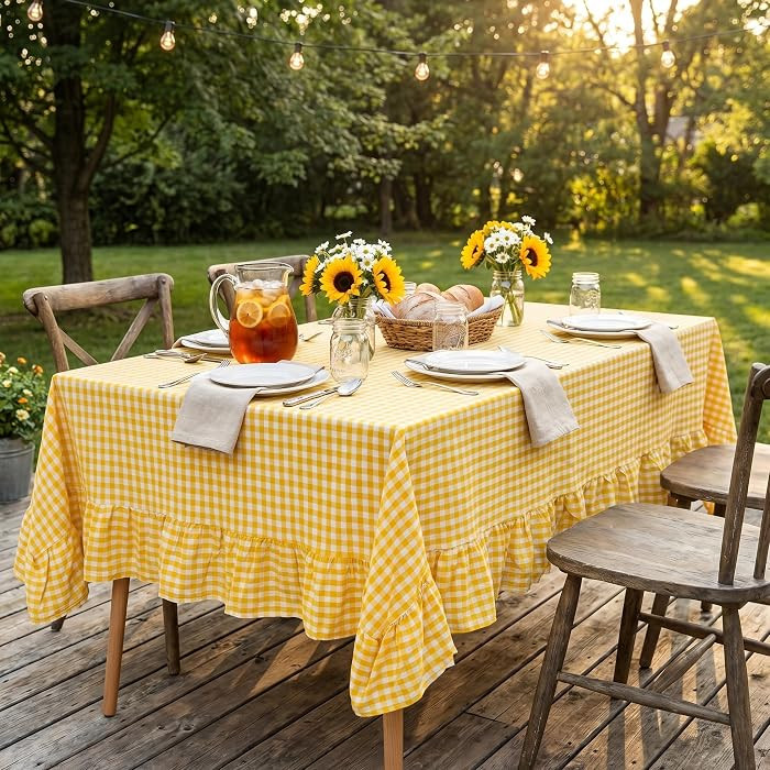 PartyDelight Gingham Ruffle Tablecloth Butter Yellow Washed Cotton Checkered Rectangular Table Co... | Amazon (US)
