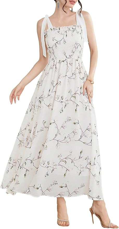 MakeMeChic Women's Summer Boho Dress Floral Print Spaghetti Strap Square Neck Shirred Maxi Dress ... | Amazon (US)