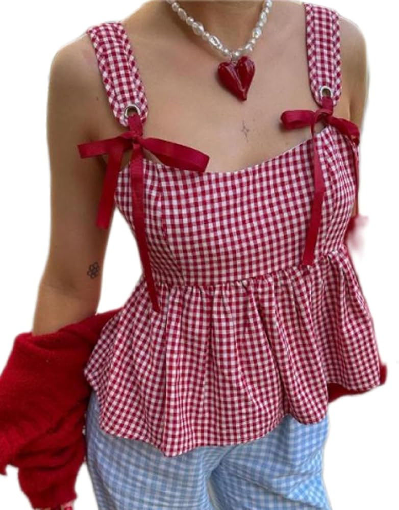 Women Y2k Plaid Tank Top Spaghetti Strap Peplum Camisole Sleeveless Tie Front Ruffle Hem Cami Top... | Amazon (US)