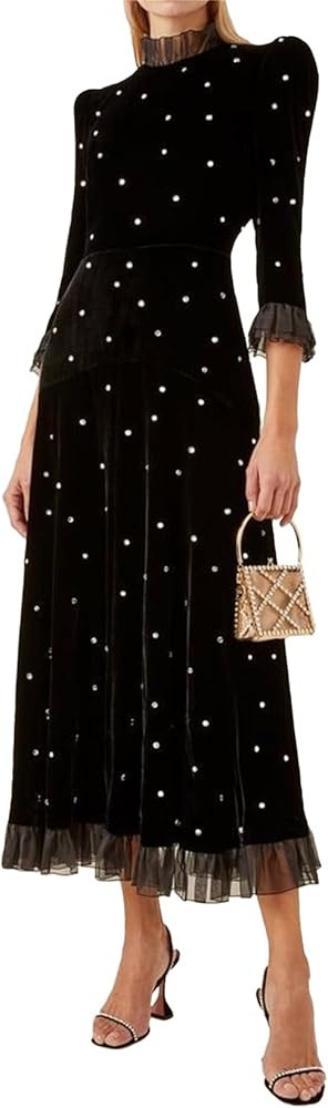 Luxurious Black Velvet Dress Maxi Long Sleeves Womens Cocktail Dress Glitter Elegant Dress | Amazon (US)