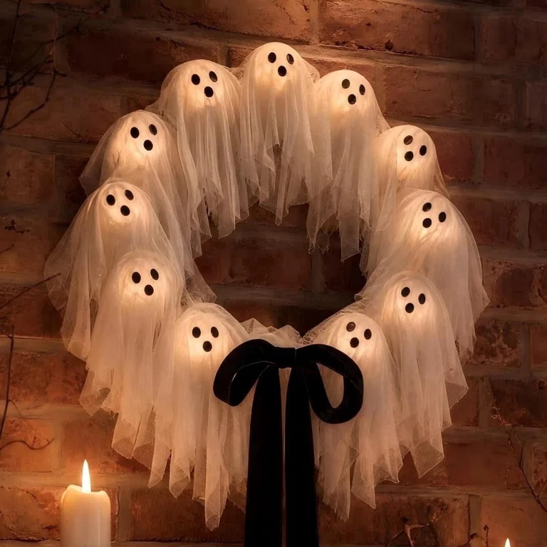 Guvpev 13.8" Lit Ghosts Wreath, Spooky Halloween Ghosts Decorations with 8 Light Modes, Timer & R... | Walmart (US)