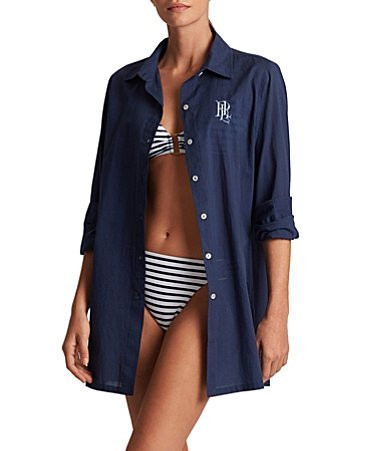Lauren Ralph Lauren Beachwear Organic Cotton Voile Logo Embroidered Button Front Shirt Swim Cover-Up - XS | Dillard's
