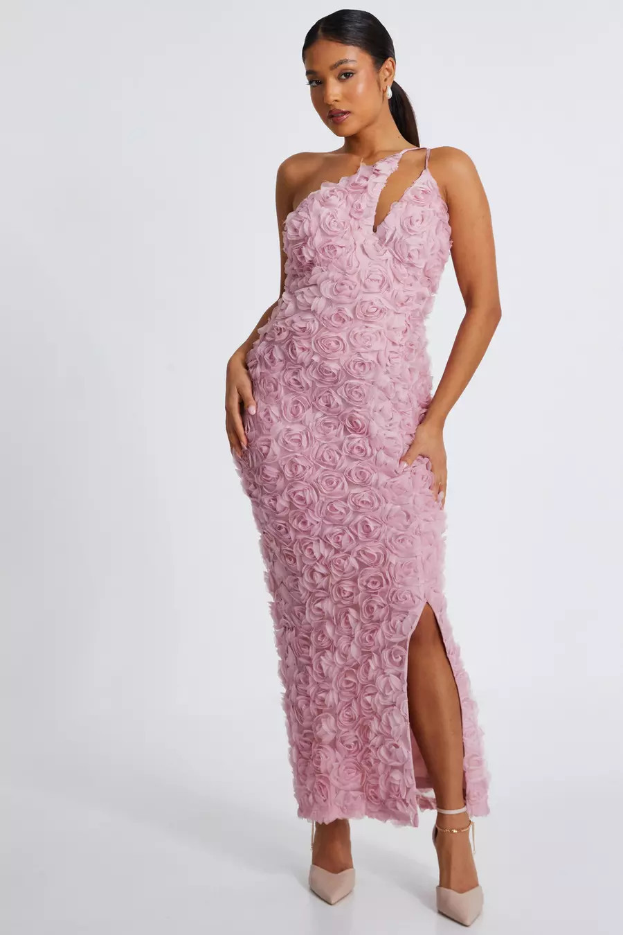 Petite Blush One Shoulder Floral Maxi Dress | Quiz Clothing