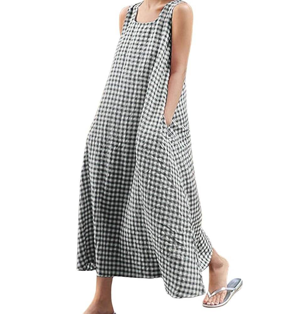 chouyatou Women's Summer Casual Loose-Fit Cotton Plaid Tank Maxi Dress with Pockets Boho Beach Su... | Amazon (US)