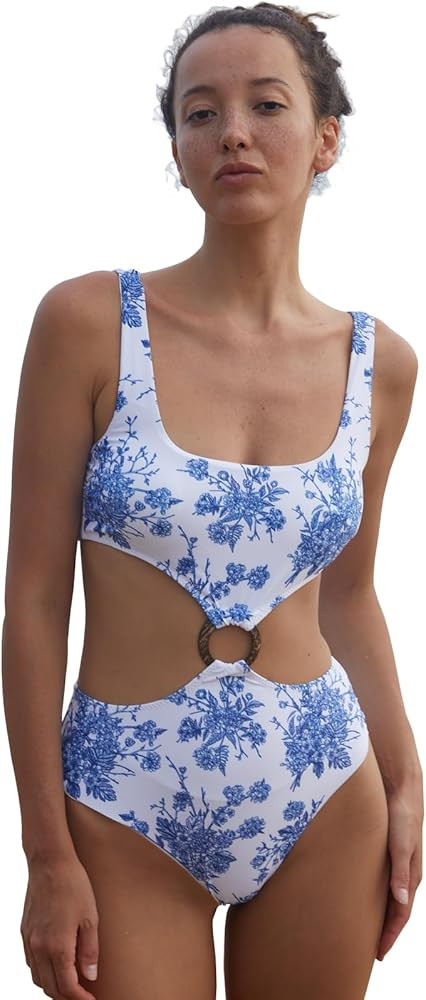 O-Ring Cut Out One-Piece Swimsuit Sexy Floral U Neck Bathing Suit | Amazon (US)