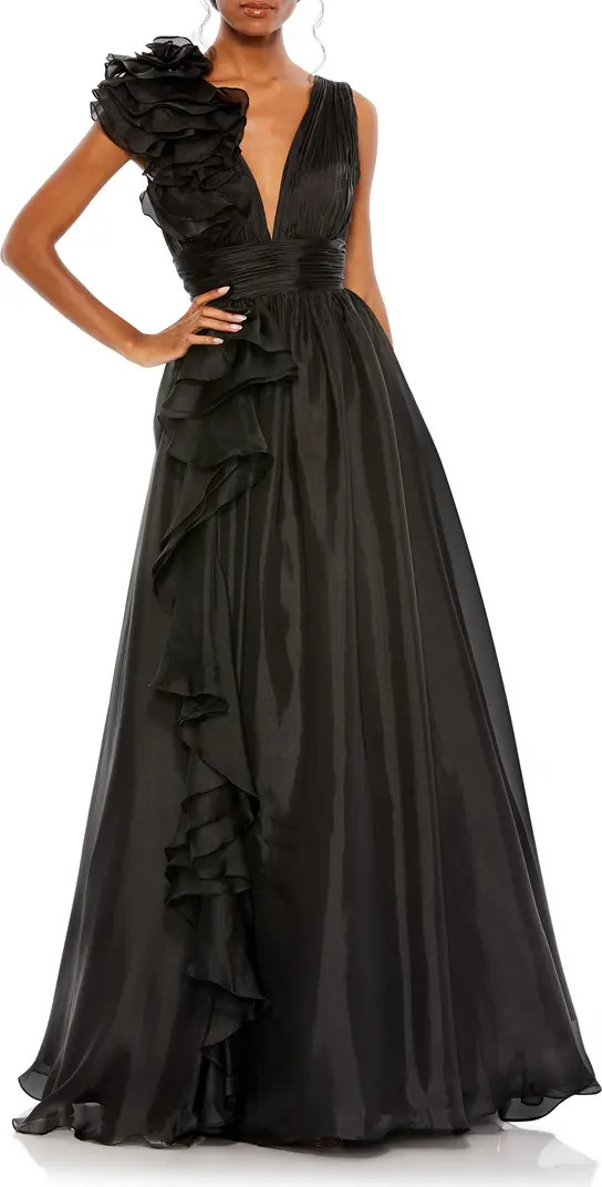 Ruffle Shoulder V-Neck Chiffon Gown | Nordstrom