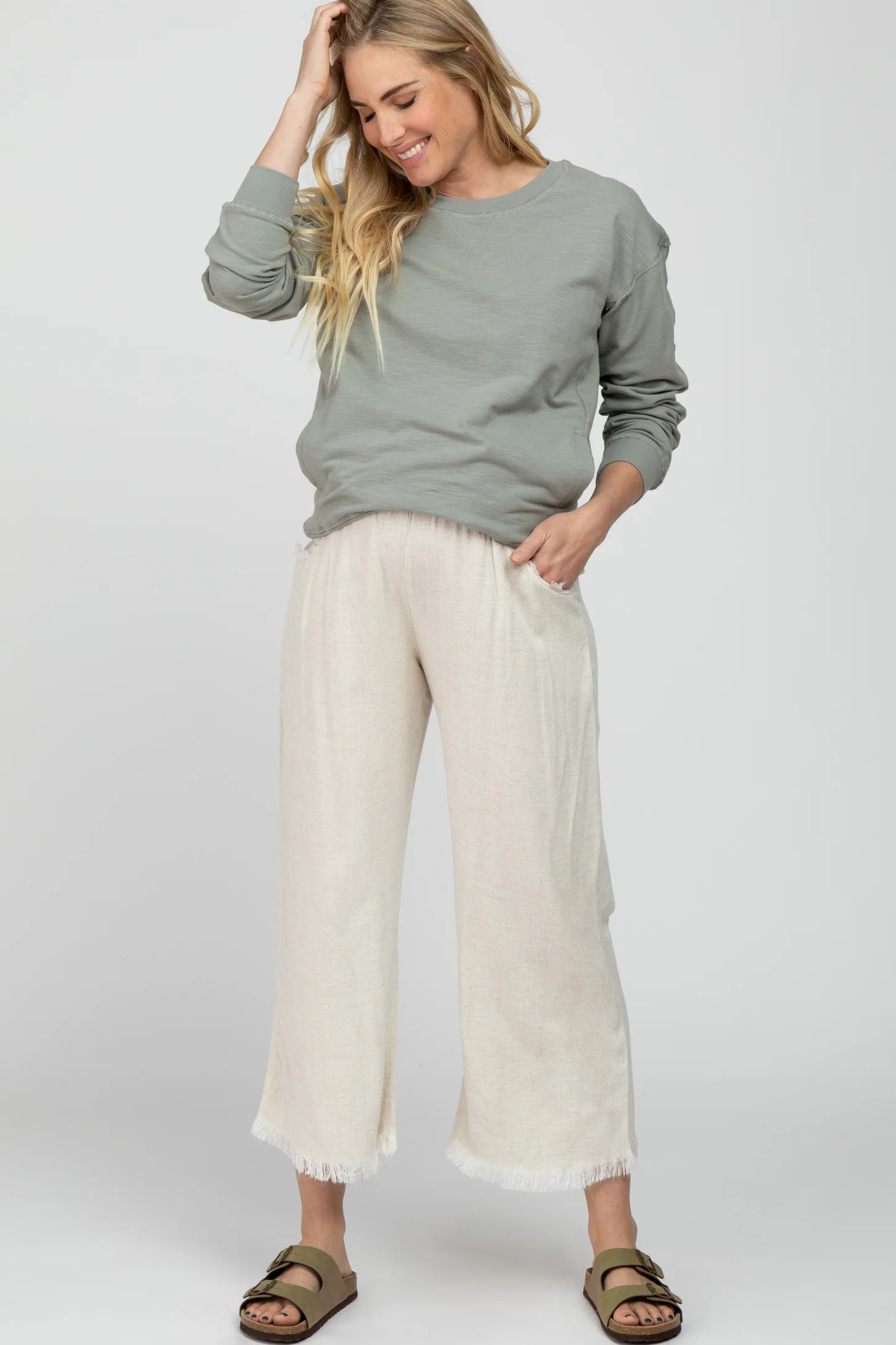 Cream Linen Frayed Hem Crop Maternity Pants | PinkBlush Maternity
