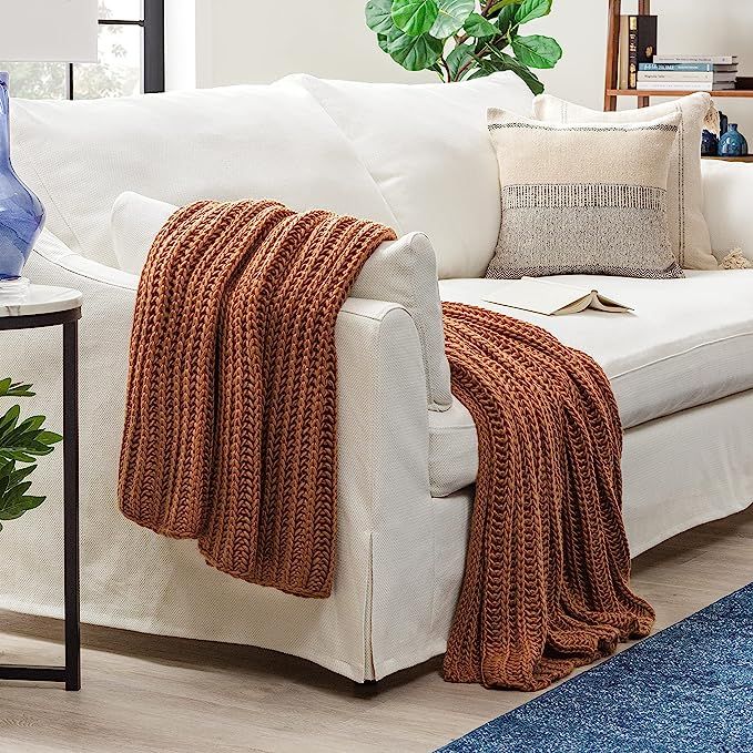 Chanasya Chunky Knit Fluffy Brown Caramel Throw Blanket - Contemporary Textured Super Soft Warm C... | Amazon (US)