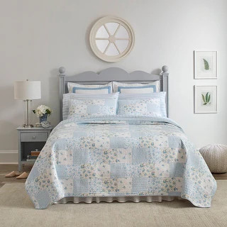 Laura Ashley Kenna Cotton Reversible Blue Quilt Set | Bed Bath & Beyond