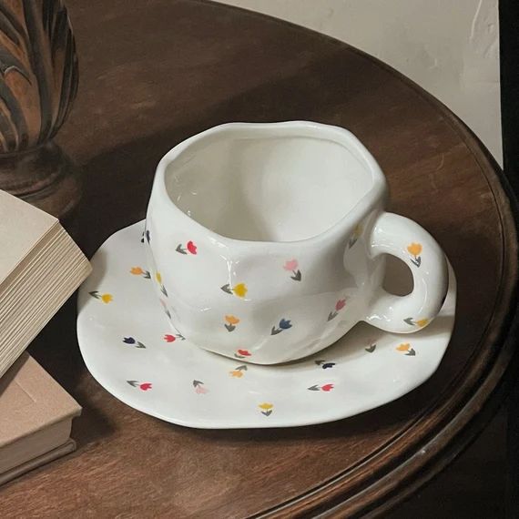 Aesthetic Floral Mug Set Hand Painted Plaid Mug Handmade - Etsy | Etsy (US)
