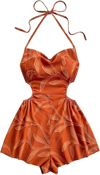 WDIRARA Women's Cut Out Tie Backless Halter Romper Boho Smocked Wide Leg Shorts Jumpsuit | Amazon (US)