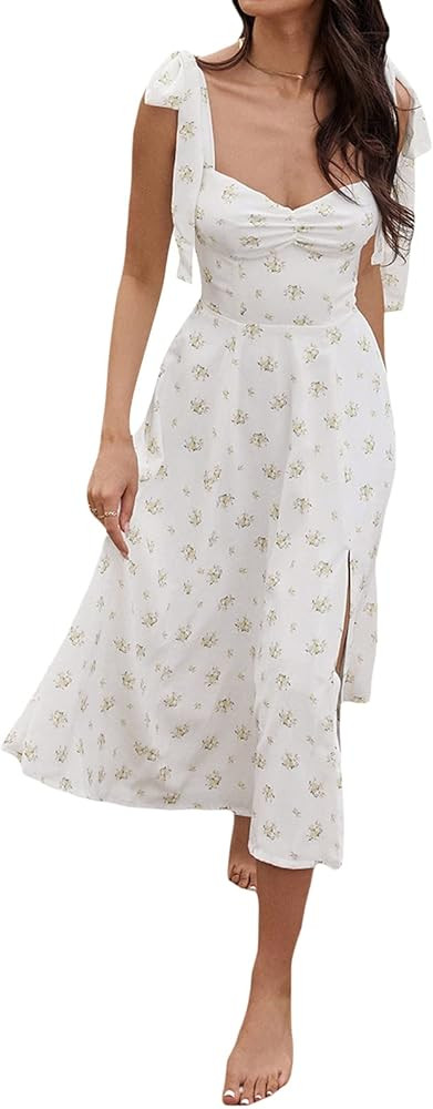 Women Summer Tie Straps Split Midi Dress Solid Floral Print Casual Vintage A Line Beach Wedding C... | Amazon (US)