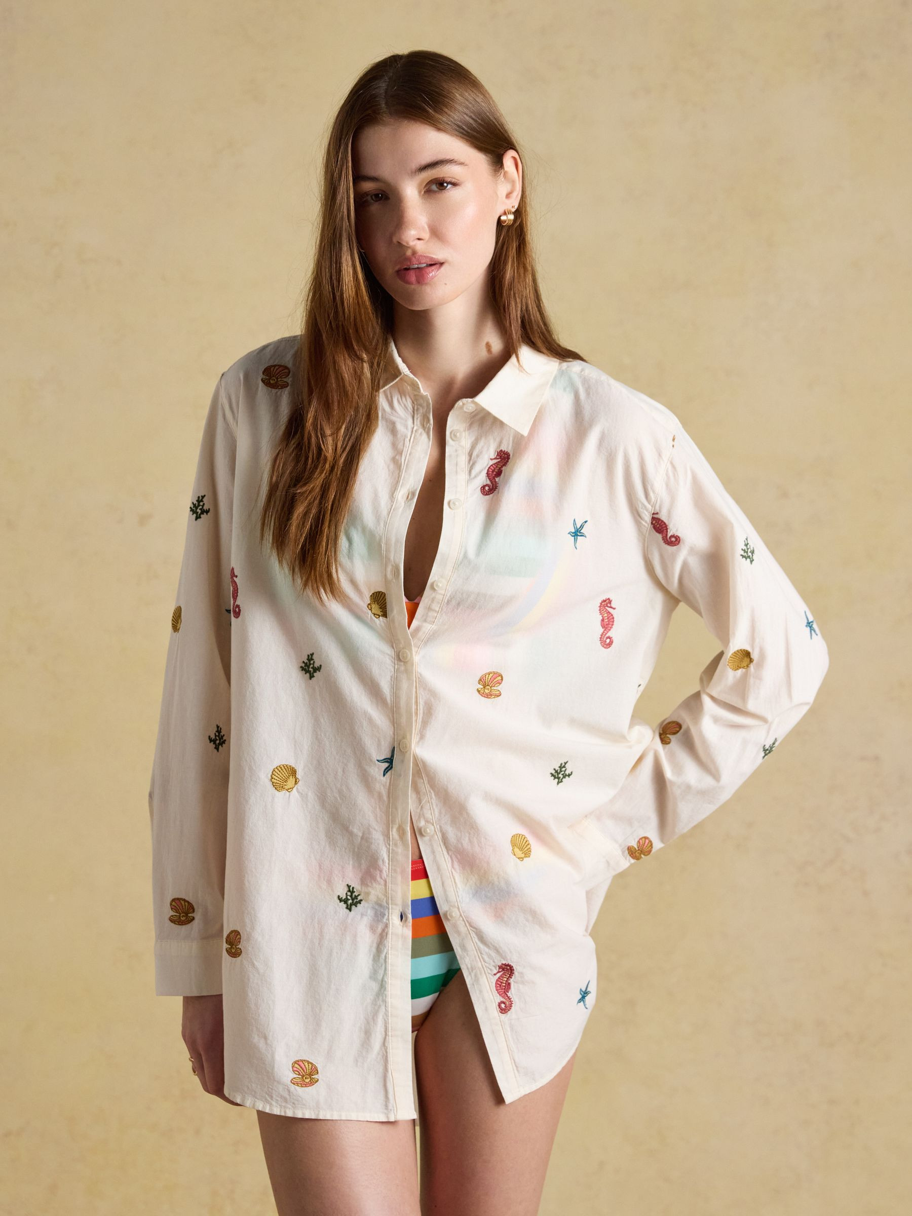 Sophia Cream Embroidered Holiday Icons Longline Cotton Shirt | Joules | Joules