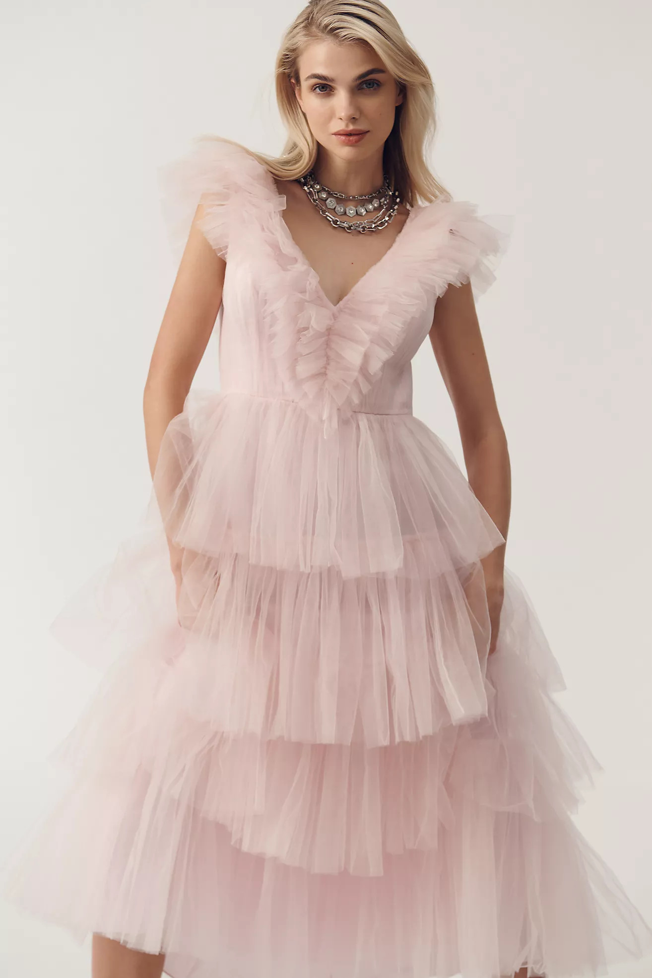 Geisha Designs V-Neck Tulle Ruffle Maxi Dress | Anthropologie (US)