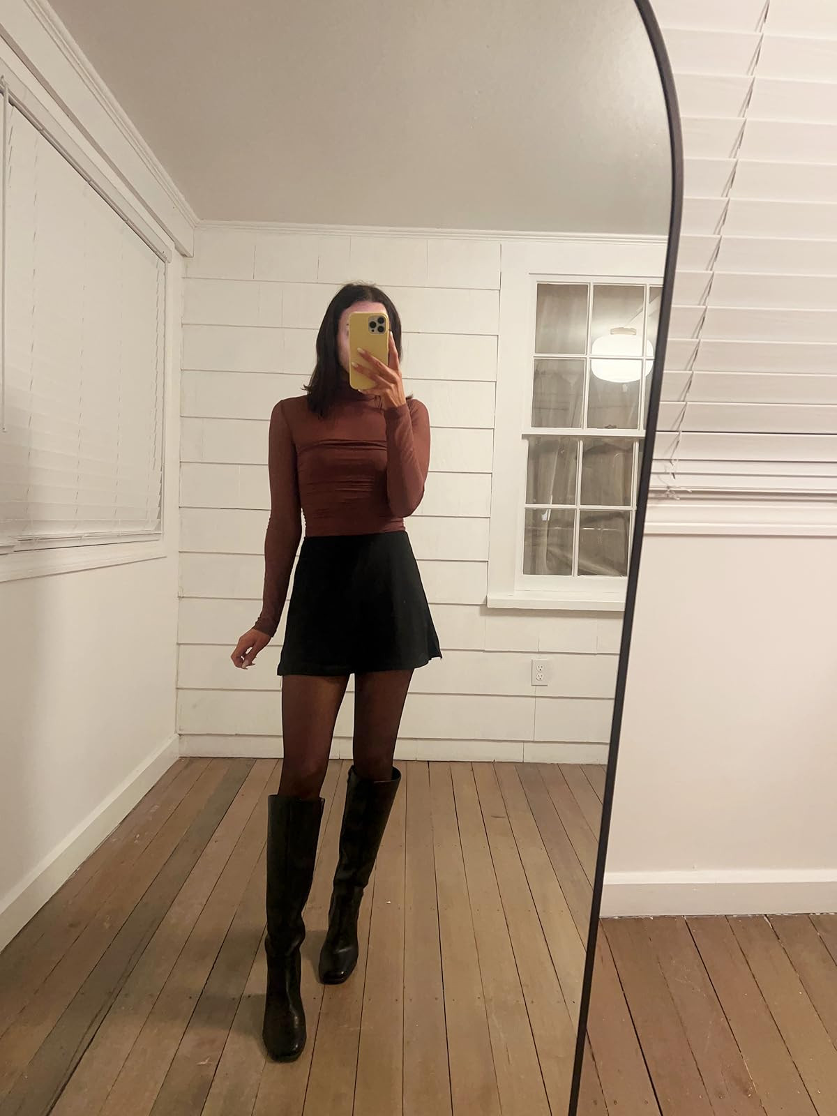 Valentine’s Day outfit- wearing xs in skort, top in a, boots true to size. Long sleeve mesh bodysuit/black mini skirt/sheer tights/black knee high boots. 
 

 #LTKPetite #LTKFindsUnder100