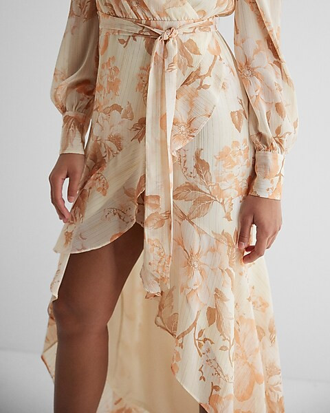 Metallic Floral Faux Wrap Ruffle Hi-Lo Maxi Dress | Express