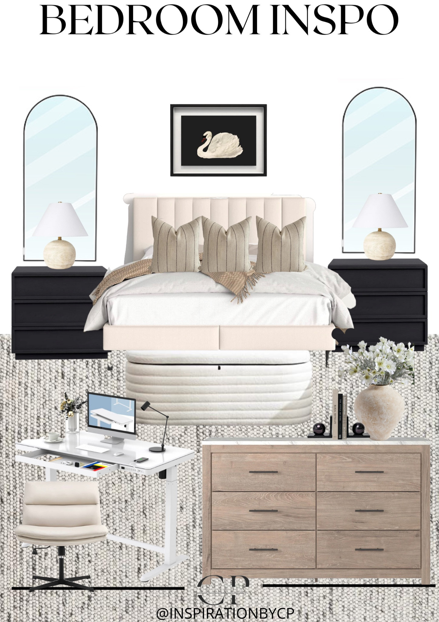 BEDROOM INSPO
Neutral modern bedroom, bedroom decor, table lamp, dresser, nightstand styling, area rug, upholstered bed, throw pillows, floor mirror, art work, budget friendly bedroom 

#LTKunder50 #LTKFind #LTKhome