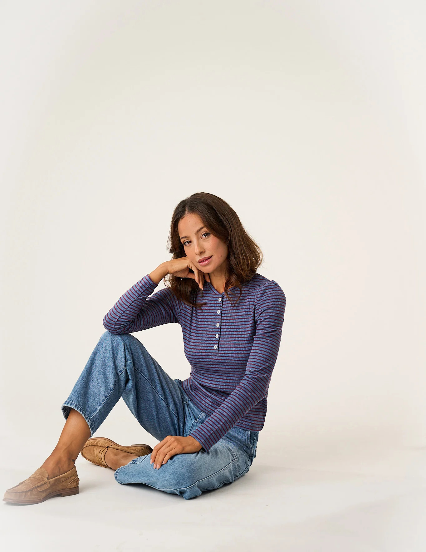 Puff Sleeve Henley - Heather Blue/Burgundy Stripe | Marea