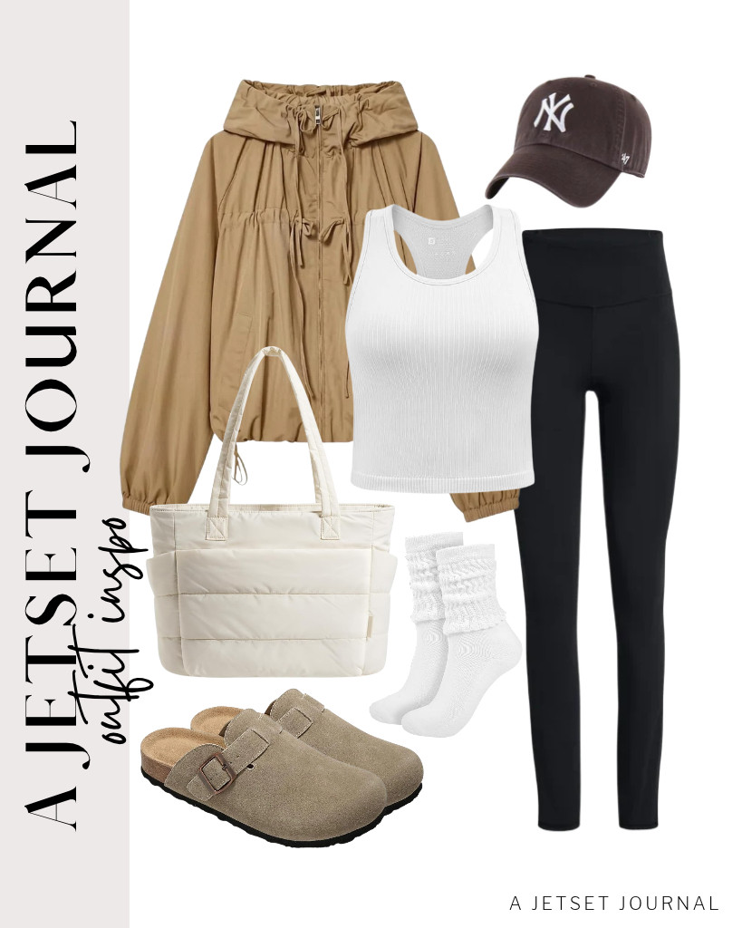 For the next outfit, you can start by wearing this white workout tank top from YEOREO and buttery-soft leggings from SINOPHANT. Layer it with a khaki Xunger gathered hooded jacket, and wear this cap from 47 for a sporty-chic look. These Project Cloud footbed clogs are perfect for this fit. 

 #LTKSeasonal #LTKSaleAlert #LTKTravel