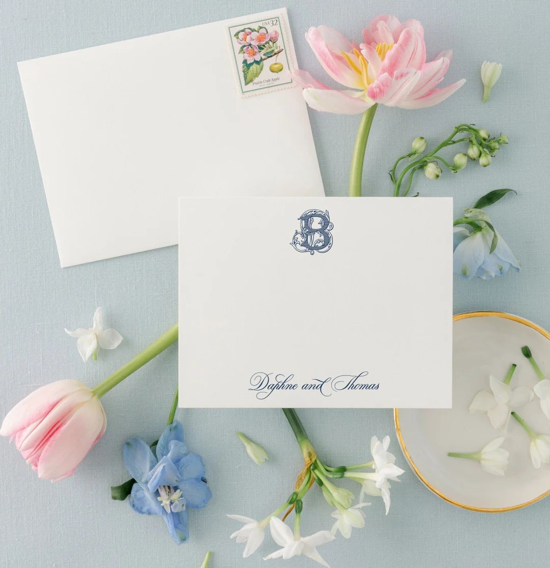 Navy Blue Wedding Ornate Monogram Thank You Cards Couples - Etsy | Etsy (US)