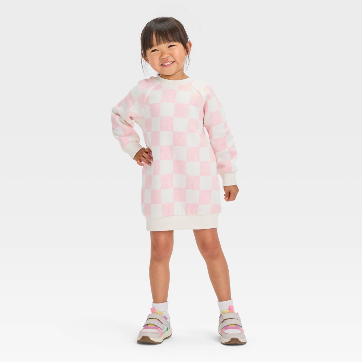 Grayson Mini Toddler Girls' Checkered Fleece Crew Dress - Pink 2T | Target