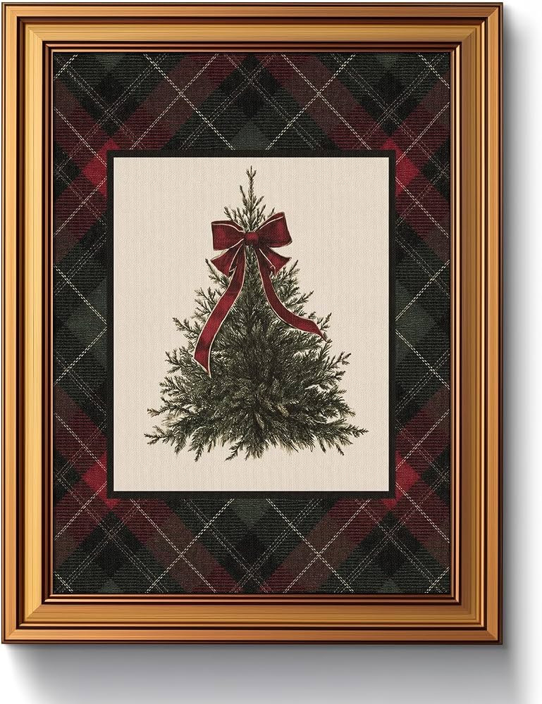 Vintage Gold Framed Christmas Canvas Wall Art Tartan Red Bow Print | Amazon (US)