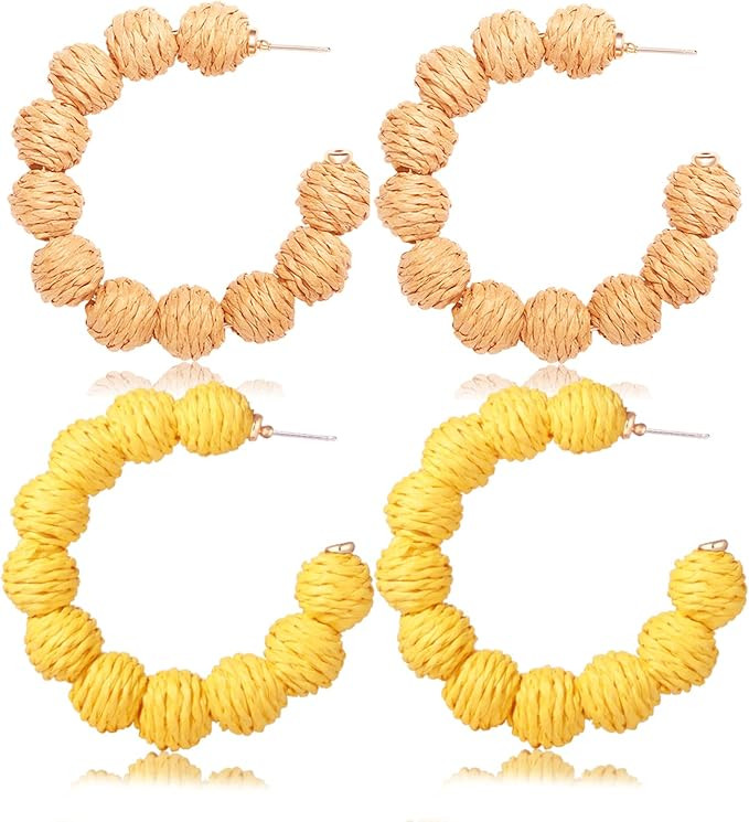 Rattan Earrings for Women Hypoallergenic Bohemian Handmade Rattan Round Circle Ball Hoop Earrings... | Amazon (US)